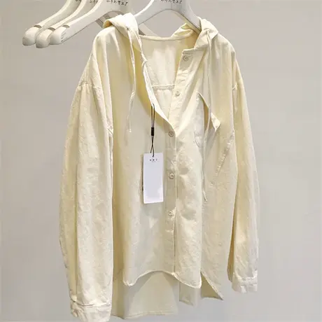 纯棉长袖衬衫女韩版宽松2024新款春秋连帽设计感上衣显瘦衬衣外套图片