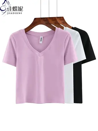 夏季新款韩版V领短款纯欲性感纯白修身短袖上衣内搭女打底衫T恤图片