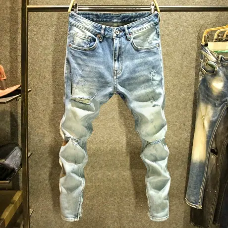 美式高街破洞牛仔裤男侧边拉链开叉修身裤子复古ins潮牌猫须长裤商品大图