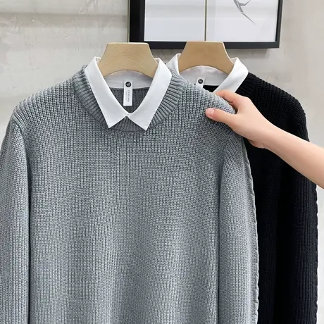 秋冬季厚款麻花保暖拼接衬衫领假两件毛衣男修身休闲套头针织衫男商品大图