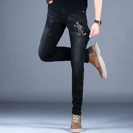 米老鼠烫钻时尚品牌牛仔裤男款修身小脚裤子百搭2023新款男士长裤商品大图