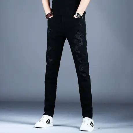 男士黑色弹力刺绣牛仔裤男款修身小脚花裤子2023休闲男裤高档潮牌商品大图