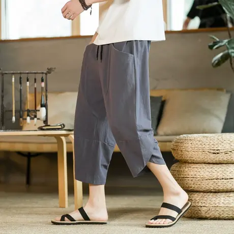 七分裤男士短裤夏季薄款冰丝亚麻裤子男款宽松大码棉麻休闲7分裤商品大图