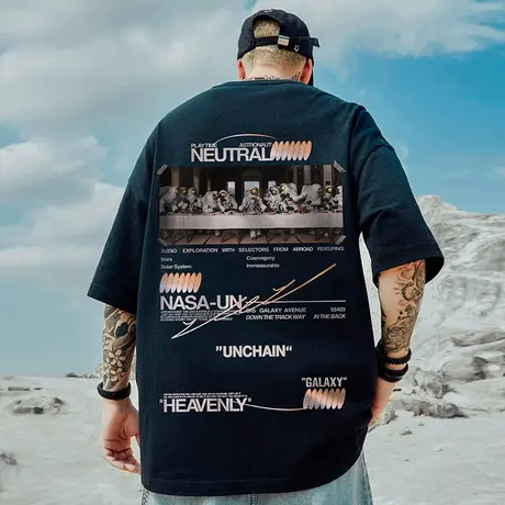 oversize欧美潮牌胖子男装大码国潮嘻哈宽松油画短袖T恤潮流半袖图片