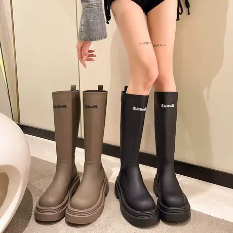 小个子厚底长筒靴子女2023新款秋冬粗腿复古不过膝瘦瘦高筒骑士靴商品大图