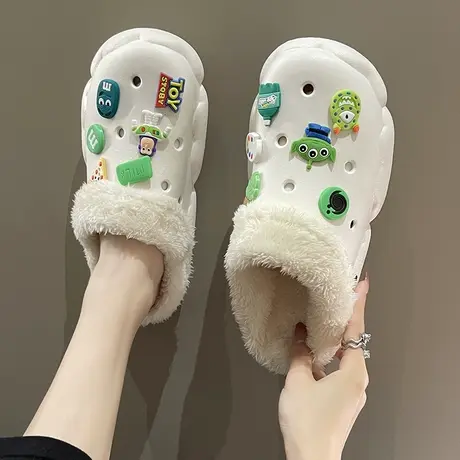 洞洞鞋女秋冬季外穿加绒保暖厚底卡通可爱室内居家防滑包头棉拖鞋商品大图