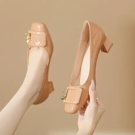 方扣单鞋女粗跟2024年新款漆皮方头通勤高跟鞋设计感小众气质单鞋商品大图