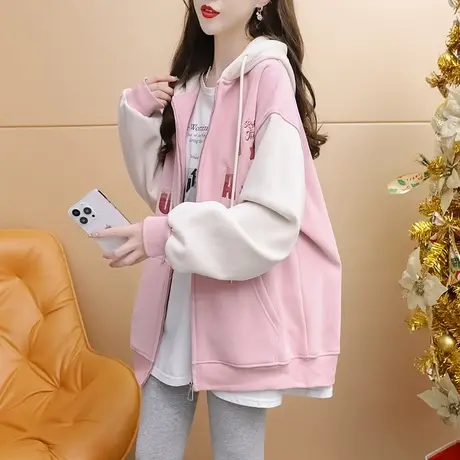 加绒加厚连帽卫衣开衫女2023新款秋冬爆款洋气宽松百搭棒球服外套商品大图