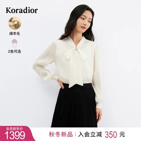 珂莱蒂尔女装2024春季新款通勤百搭拼接蝴蝶结飘带羊毛针织衫套头图片