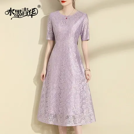 水墨青华2024新款春季裙子简约修身蕾丝裙优雅收腰时尚短袖连衣裙商品大图
