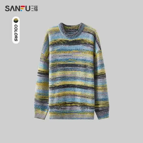 三福2024春季男士花纱条纹毛衣 潮流休闲慵懒圆领上衣男480988图片