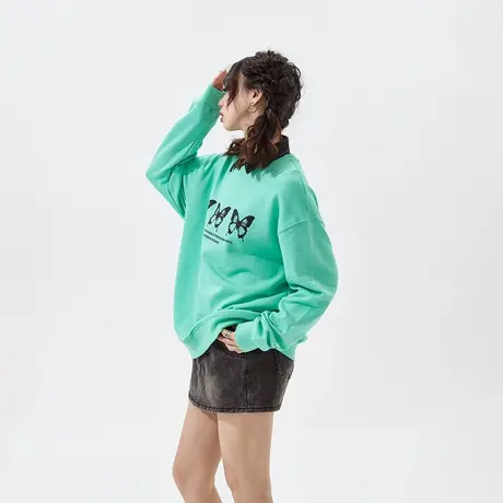 YEP蝴蝶印花圆领卫衣女春秋款2024新款复古宽松oversize无帽上衣商品大图
