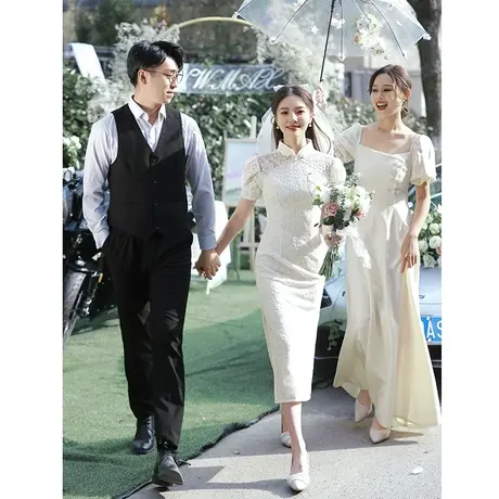 白色旗袍2023年新款高级感登记领证小白裙订婚礼服连衣裙夏季蕾丝商品大图