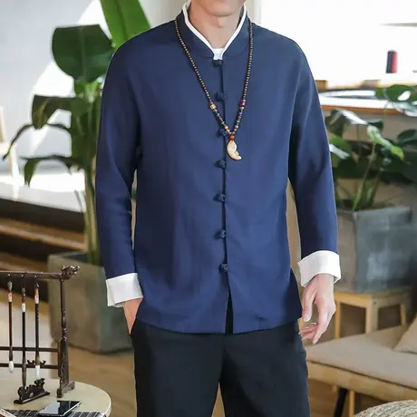 男青年唐装衬衫中国风春装长袖盘扣衬衣中式古装居士服古风禅服图片