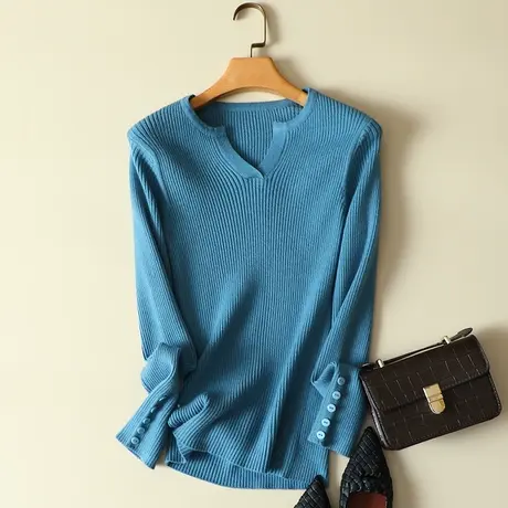 清仓！新款V领针织衫纽扣长袖套头毛衣女士打底内搭显瘦女上衣图片