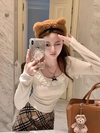 早春纯欲风少女蕾丝花边领上衣女甜美蝴蝶结修身长袖打底衫针织衫商品大图