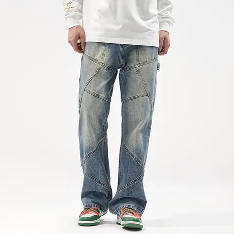 复古工装牛仔裤男潮牌宽松直筒潮流休闲百搭阔腿垂感裤子新款水洗商品大图