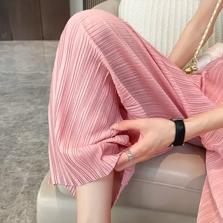 粉色松紧腰阔腿裤女2024夏薄款小个子高腰垂感八分直筒休闲风琴裤图片