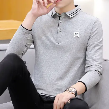 长袖t恤男士2021新款春秋季纯棉徽章打底上衣内衬青年翻领POLO衫商品大图