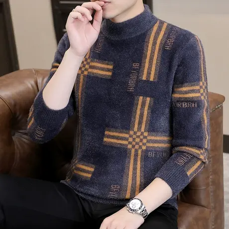 加厚水貂绒毛衣男秋冬季半高领针织打底衫青少年学生线衣保暖上衣商品大图