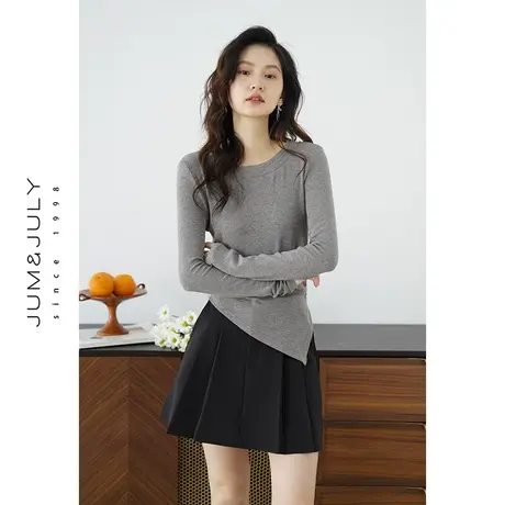 嘉茱莉2024春季新款不规则斜切下摆上衣女小众内搭T恤长袖打底衫商品大图