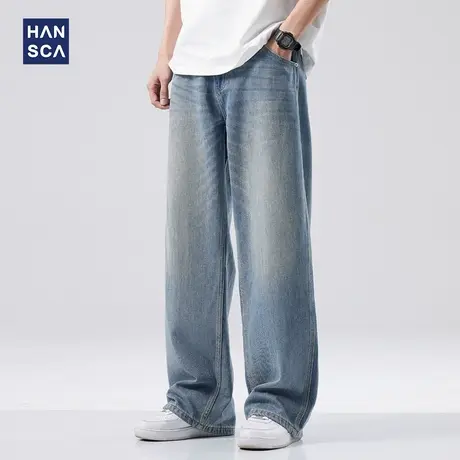 hansca春季美式高街牛仔裤男新款潮牌复古水洗直筒宽松休闲拖地裤商品大图