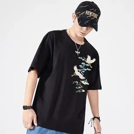 夏季男士短袖t恤仙鹤刺绣圆领上衣重磅纯棉国潮中国风打底体恤衫商品大图