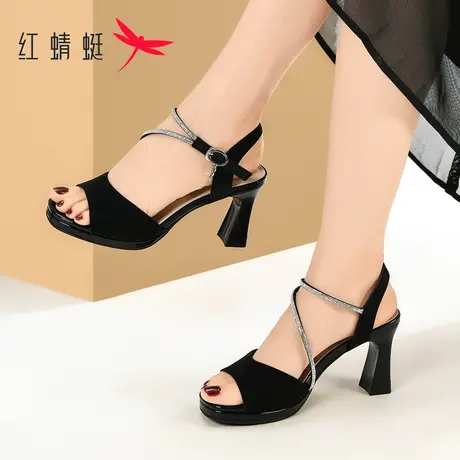 红蜻蜓凉鞋女2023新款夏季粗跟女士配裙子一字带气质时装潮高跟鞋商品大图