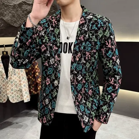 男士印花小西服ins个性发型师单西外套春秋季时尚潮流修身花西装商品大图