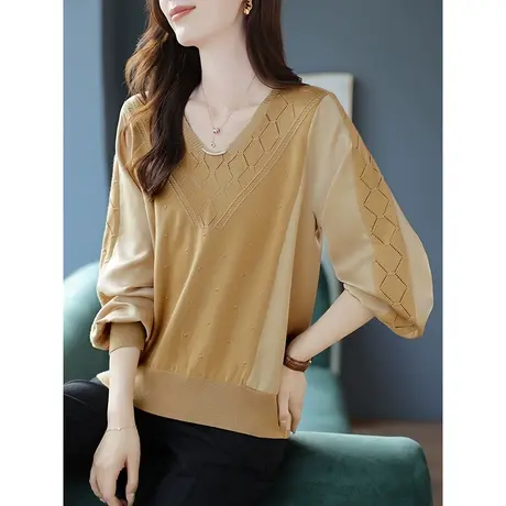 宝诗黎V领拼接镂空长袖针织衫宽松休闲上衣2023早秋新款套头毛衣商品大图