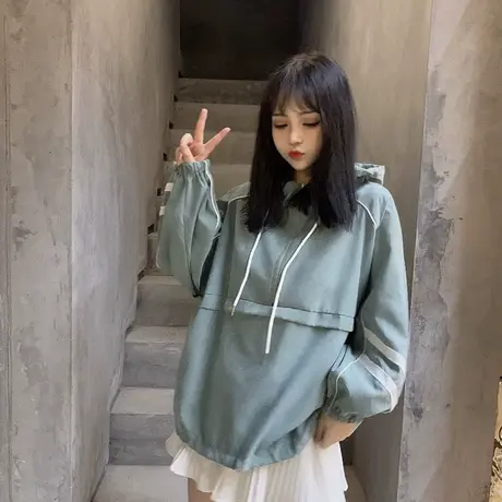 春秋韩版原宿风bf宽松百搭纯色薄款套头连帽工装休闲外套女学生潮商品大图
