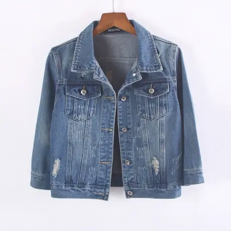 牛仔外套女春秋超短款修身新款显瘦七分袖牛仔服上衣中袖破洞商品大图
