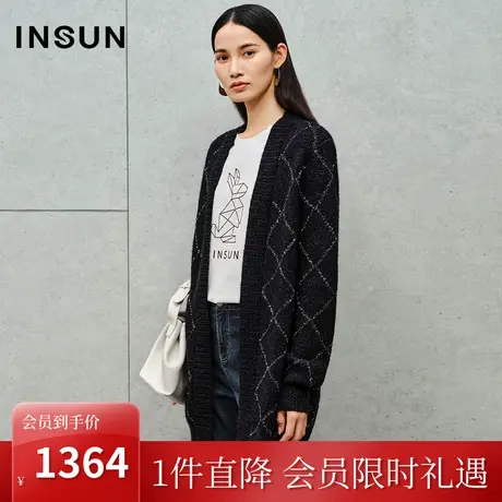 恩裳2023秋新款慵懒保暖羊毛混纺开衫细闪亮片编织装饰V领针织衫商品大图