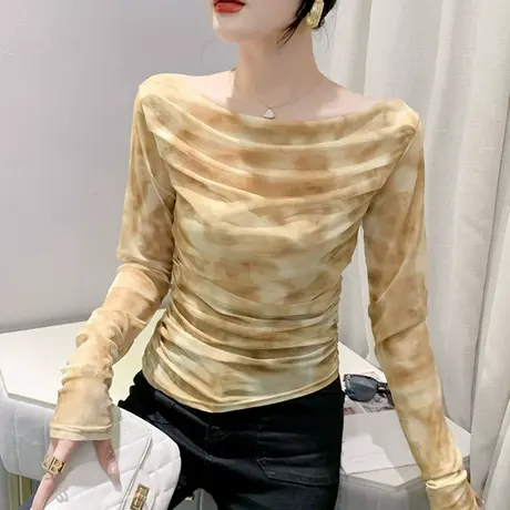 性感网纱打底衫女内搭初秋气质减龄印花上衣时尚一字领长袖T恤ins商品大图