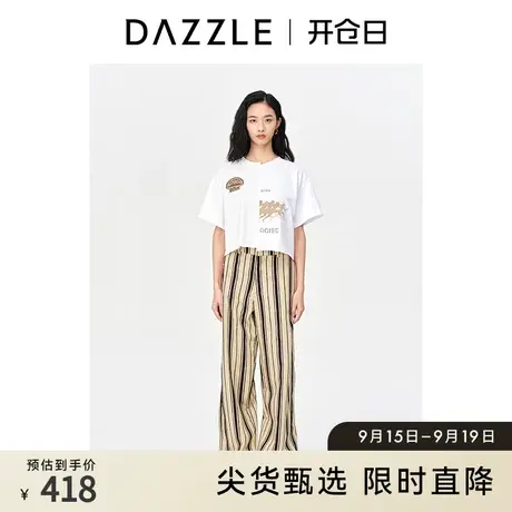 DAZZLE地素奥莱 春季白色小众不对称设计感复古印花短袖T恤女图片