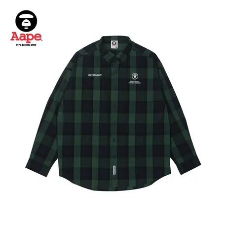 Aape旗舰店男装秋冬简约猿颜徽章字母刺绣格纹长袖衬衫8459XXL商品大图
