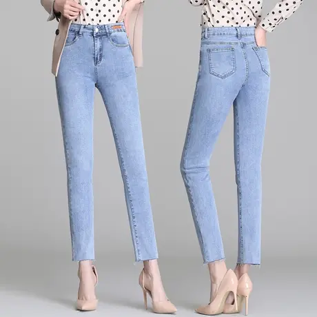 浅蓝色牛仔裤女秋九分裤2023新款洋气毛边薄款修身休闲弹力小脚裤商品大图