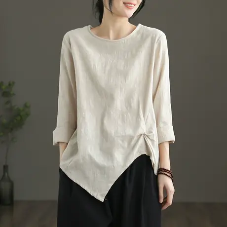 dza 不规则棉质宽松t恤女士2022新款大码上衣长袖体恤外穿打底衫商品大图