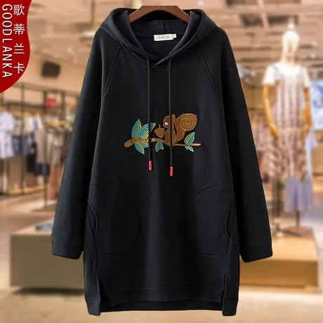 加肥加大码女中年胖mm秋冬装新款宽松中长款加绒连帽卫衣200斤潮商品大图