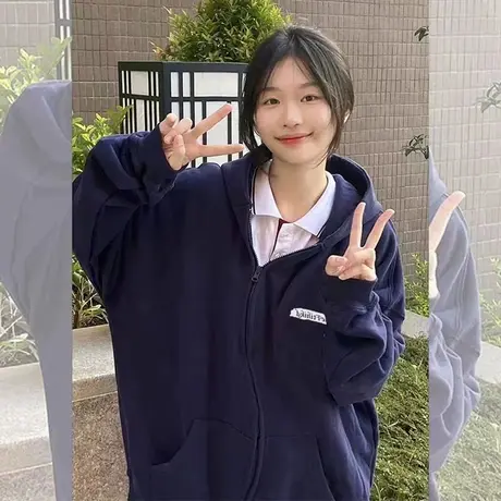 美式复古oversize潮牌卫衣女2023春秋宽松慵懒风连帽薄款开衫外套商品大图