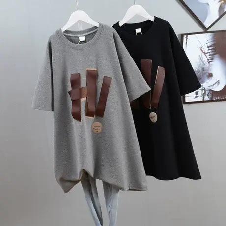 韩国磨毛加厚中长款短袖T恤女秋冬韩版宽松大码打底衫绑带上衣潮商品大图