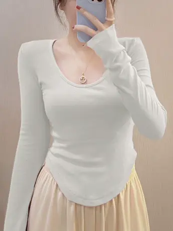 春秋装纯欲u领女士长袖t恤冬季内搭打底衫辣妹短款小众设计感上衣商品大图