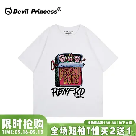 美式学院风复古潮牌白色正肩t恤女ulzzang小众设计感卡通印花上衣图片