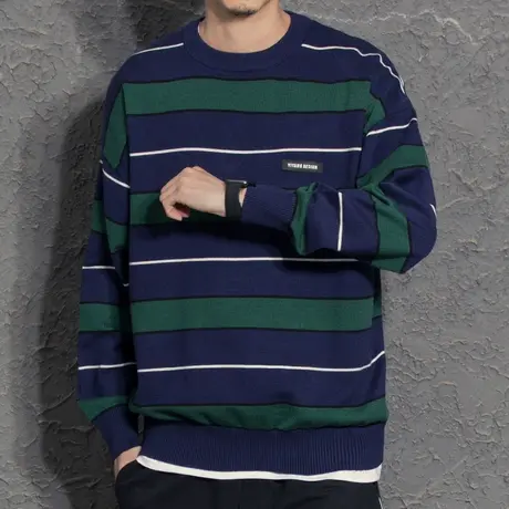 奕飏男装2021秋冬季新款圆领套头毛衣男条纹打底针织衫外套男潮牌图片