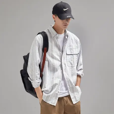 Modi Nick/摩帝尼克男士工装衬衫简约日系条纹衬衫休闲百搭男外套商品大图