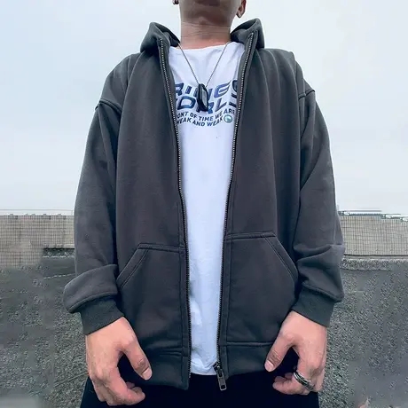 加肥加大码连帽外套男女同款拉链卫衣宽松加绒休闲百搭纯棉夹克潮图片