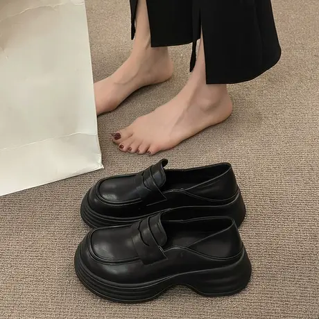 英伦小皮鞋女2023秋季新款韩版百搭松糕底中跟简约乐福鞋软妹单鞋图片