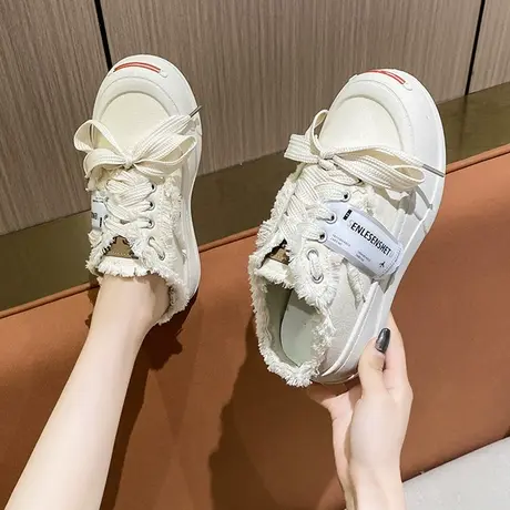 包头半拖鞋女2023年夏季新款时尚百搭潮流帆布一脚蹬厚底凉拖鞋潮商品大图