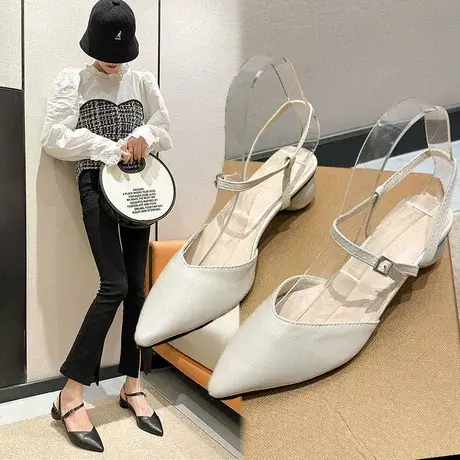 包头凉鞋女2023年新款韩版时尚中空一字扣带高跟鞋女粗跟尖头单鞋商品大图
