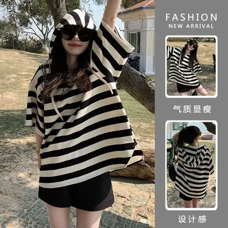 大码女夏装条纹短袖T恤胖mm韩版宽松减龄藏肉遮肚上衣ins潮200斤商品大图